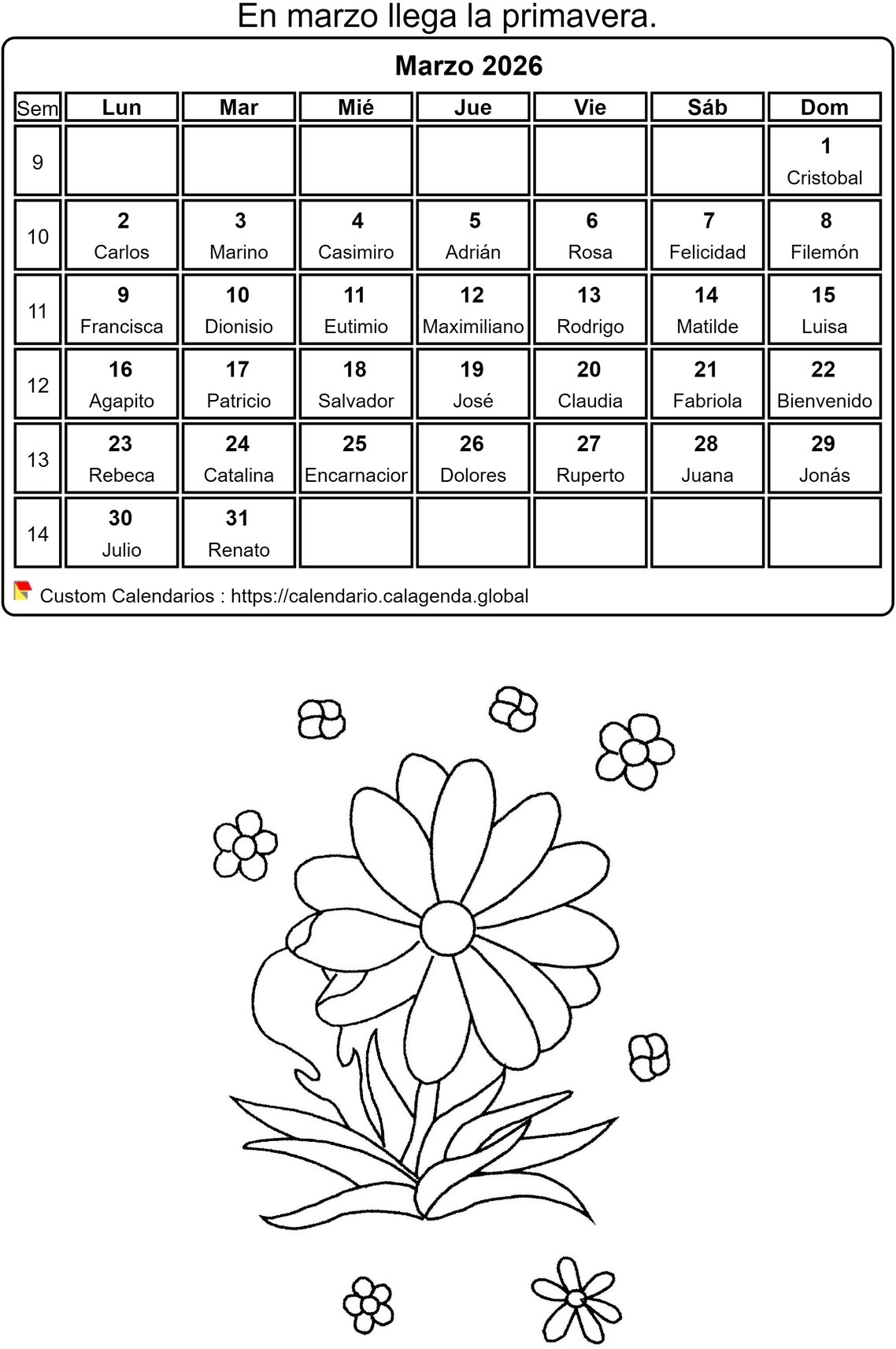 Calendario para colorear marzo 2026