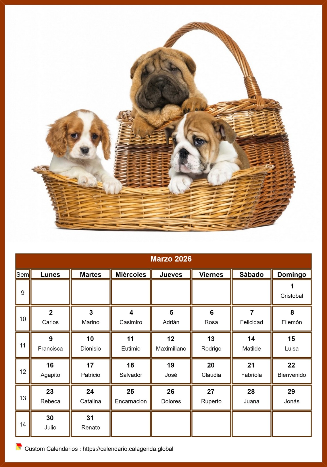 Calendario marzo 2026 perros Calendario marzo 2026 perros