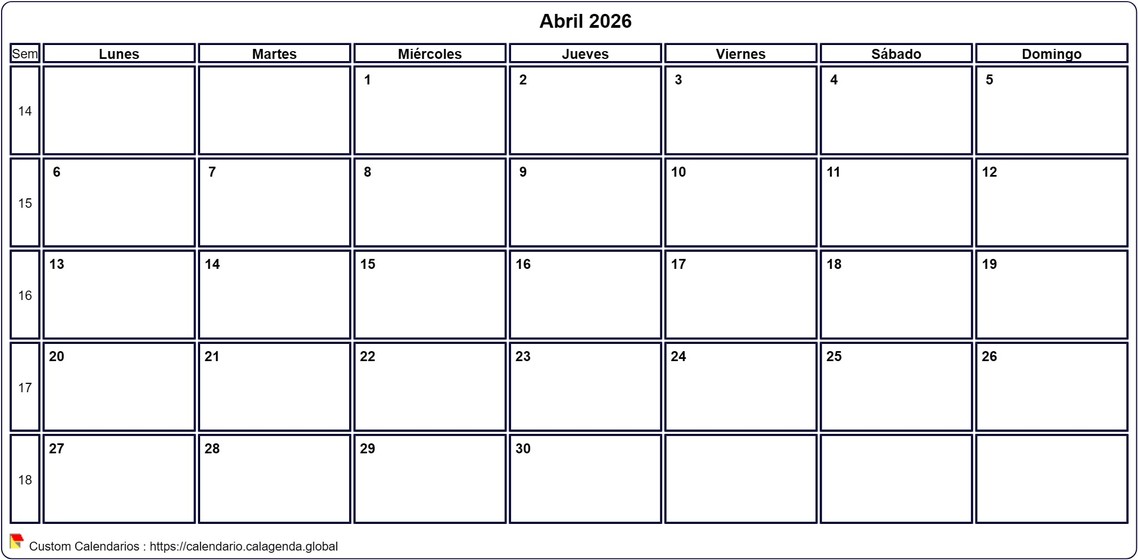 Calendario abril 2026
