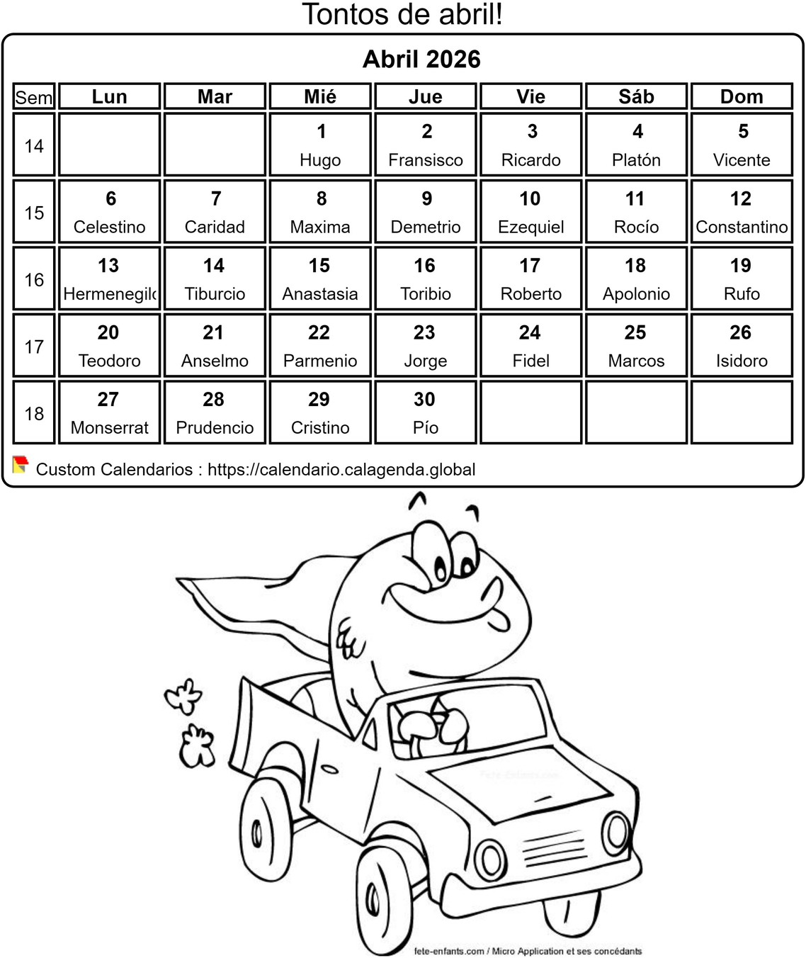Calendario para colorear abril 2026 Calendario para colorear abril 2026