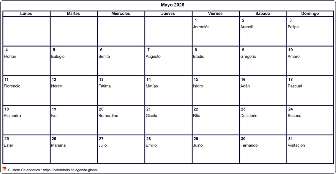 Calendario mayo 2026 para imprimir en blanco Calendario mayo 2026 para imprimir en blanco