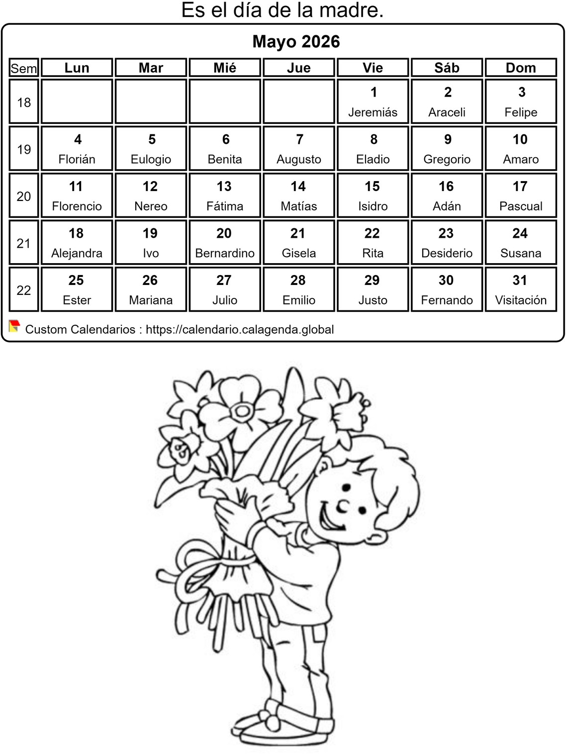 Calendario para colorear mayo 2026 Calendario para colorear mayo 2026