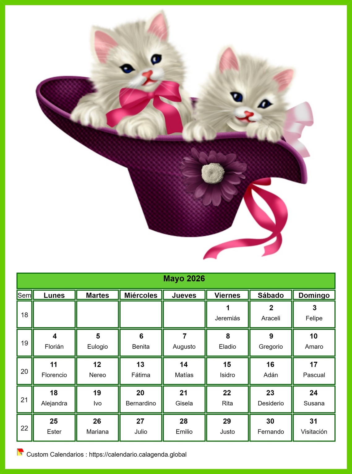 Calendario mayo 2026 gatos Calendario mayo 2026 gatos