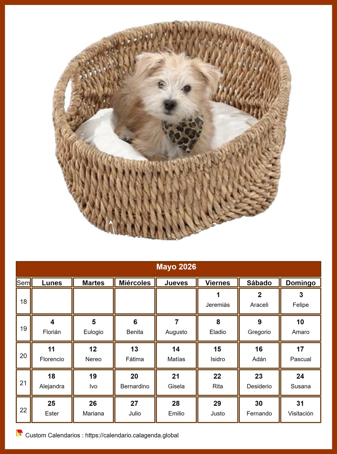 Calendario mayo 2026 perros