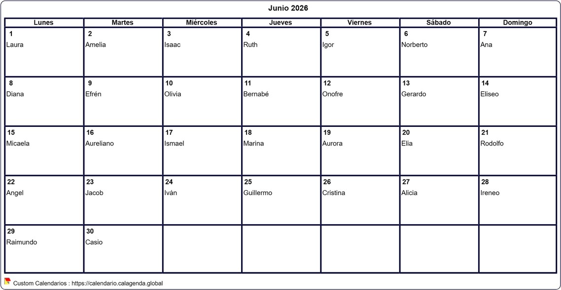 Calendario junio 2026 para imprimir en blanco Calendario junio 2026 para imprimir en blanco
