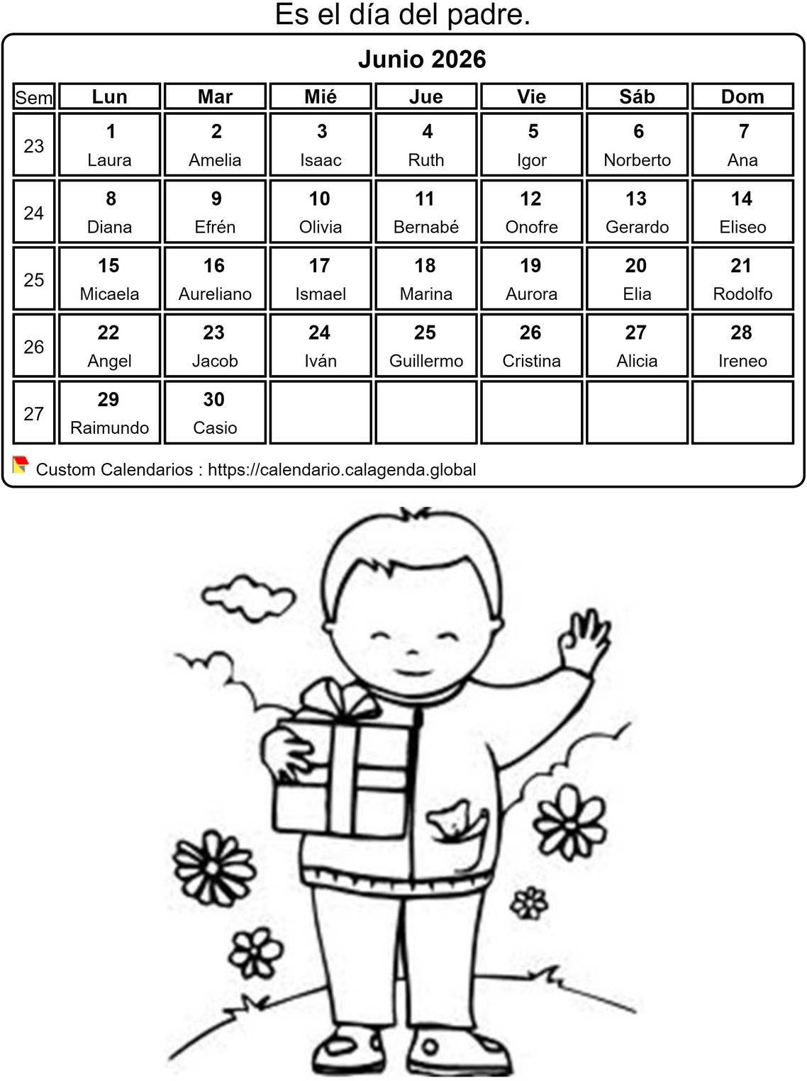 Calendario para colorear junio 2026 Calendario para colorear junio 2026