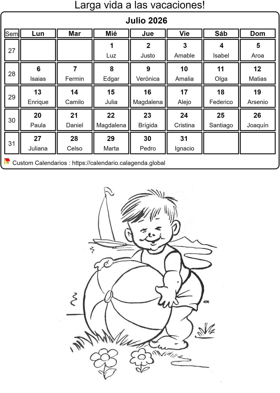 Calendario para colorear julio 2026 Calendario para colorear julio 2026