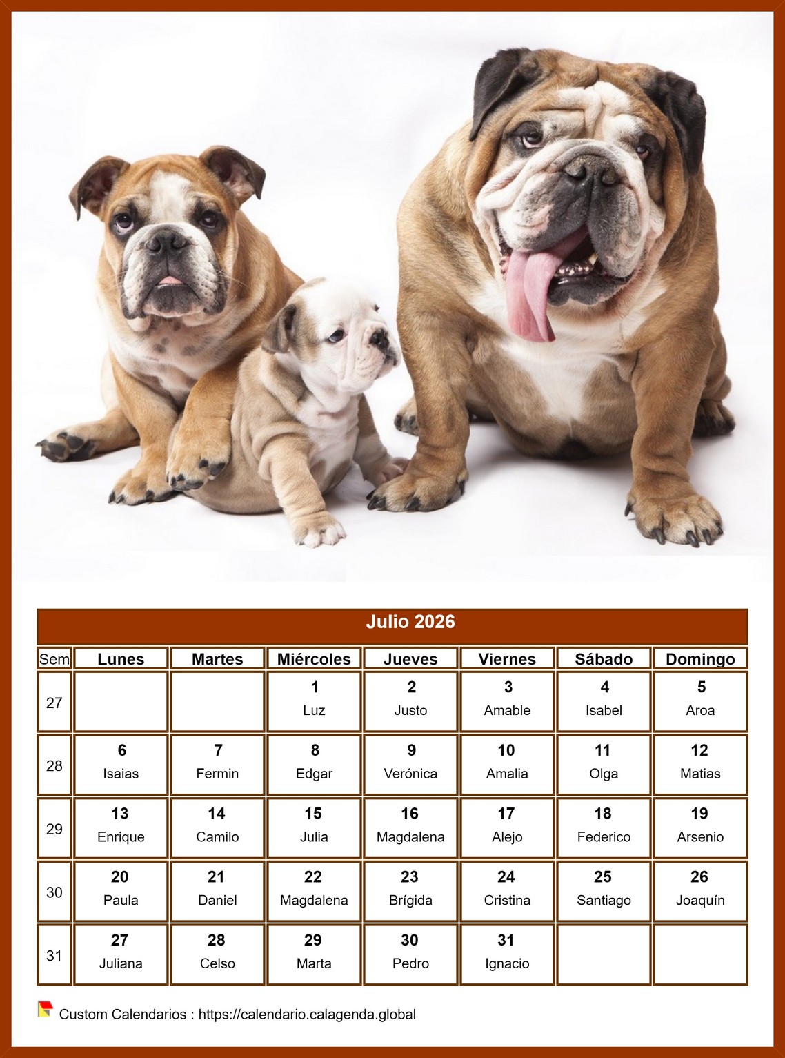 Calendario julio 2026 perros