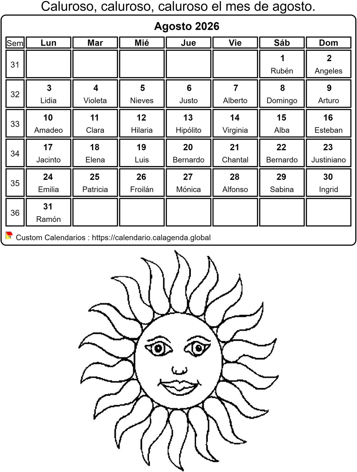 Calendario para colorear agosto 2026 Calendario para colorear agosto 2026