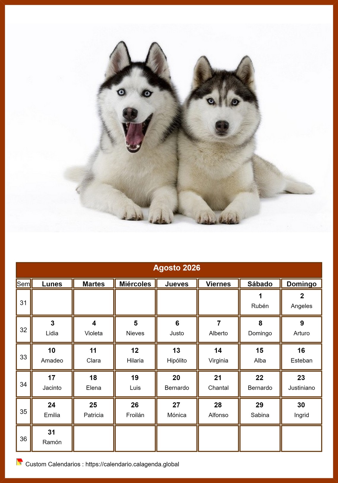 Calendario agosto 2026 perros