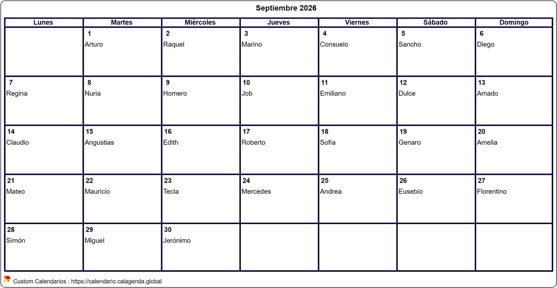 Calendario septiembre 2026 para imprimir en blanco