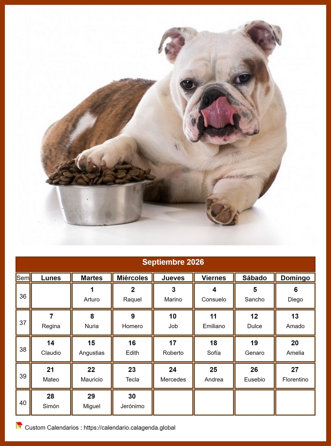 Calendario septiembre 2026 perros