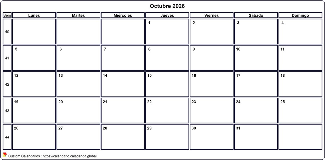 Calendario octubre 2026