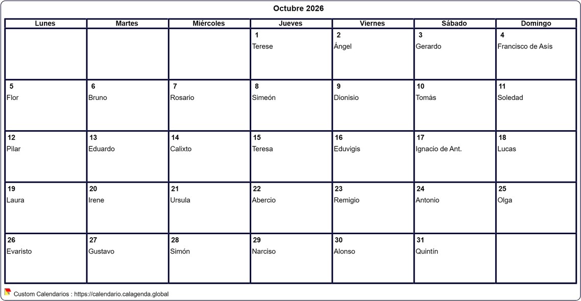 Calendario octubre 2026 para imprimir en blanco