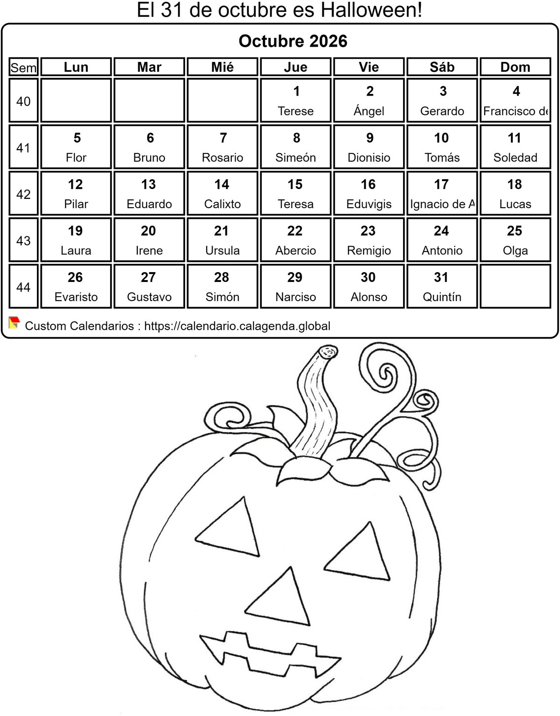Calendario para colorear octubre 2026 Calendario para colorear octubre 2026