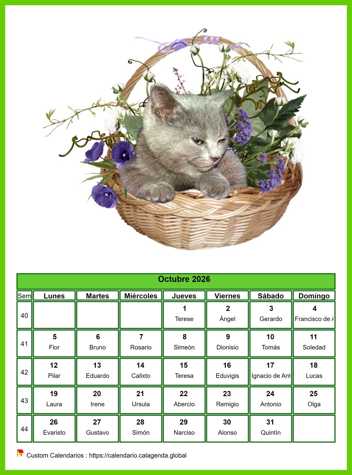 Calendario octubre 2026 gatos Calendario octubre 2026 gatos
