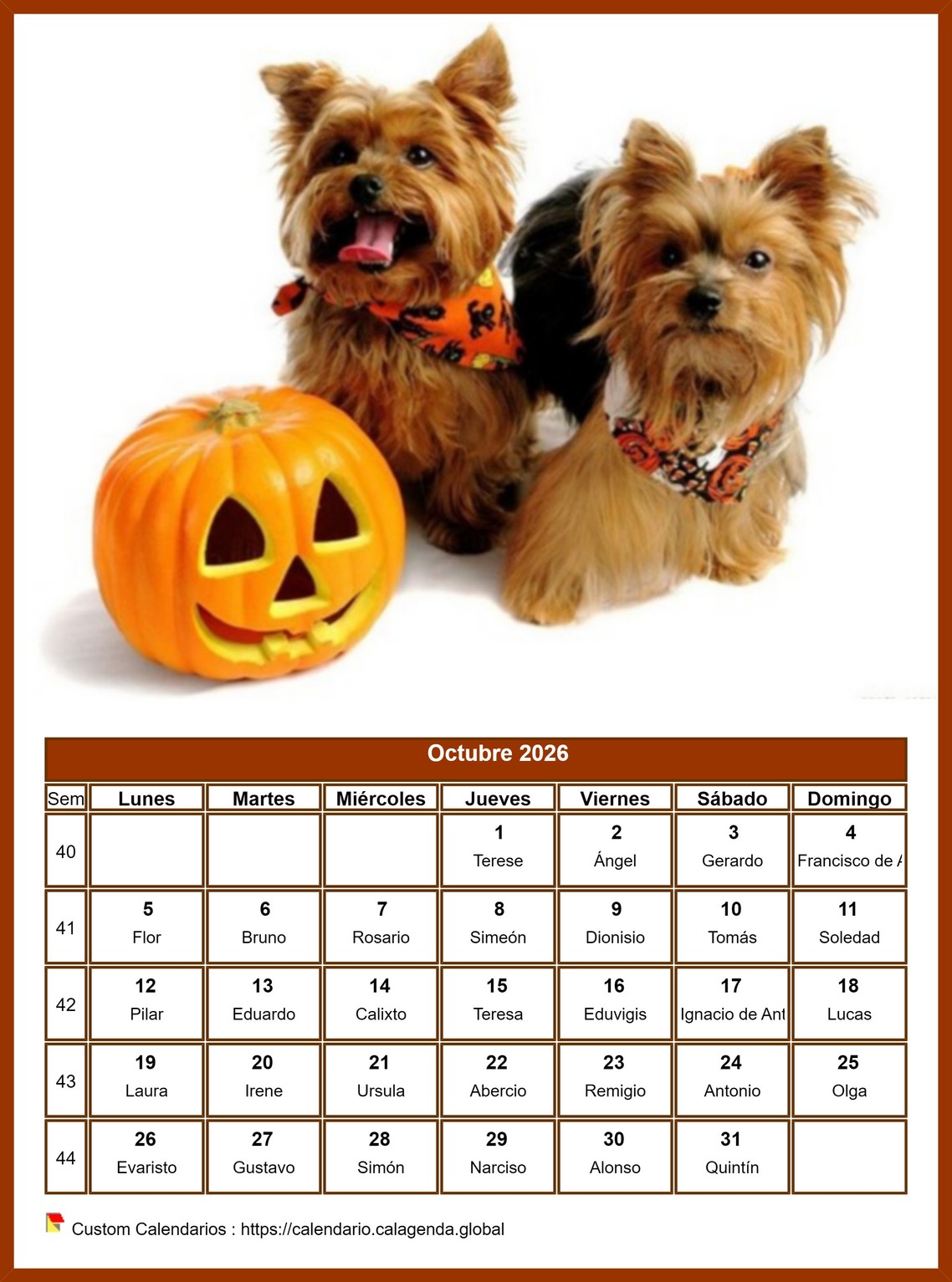 Calendario octubre 2026 perros