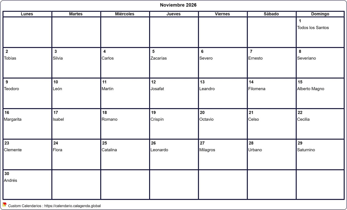 Calendario noviembre 2026 para imprimir en blanco