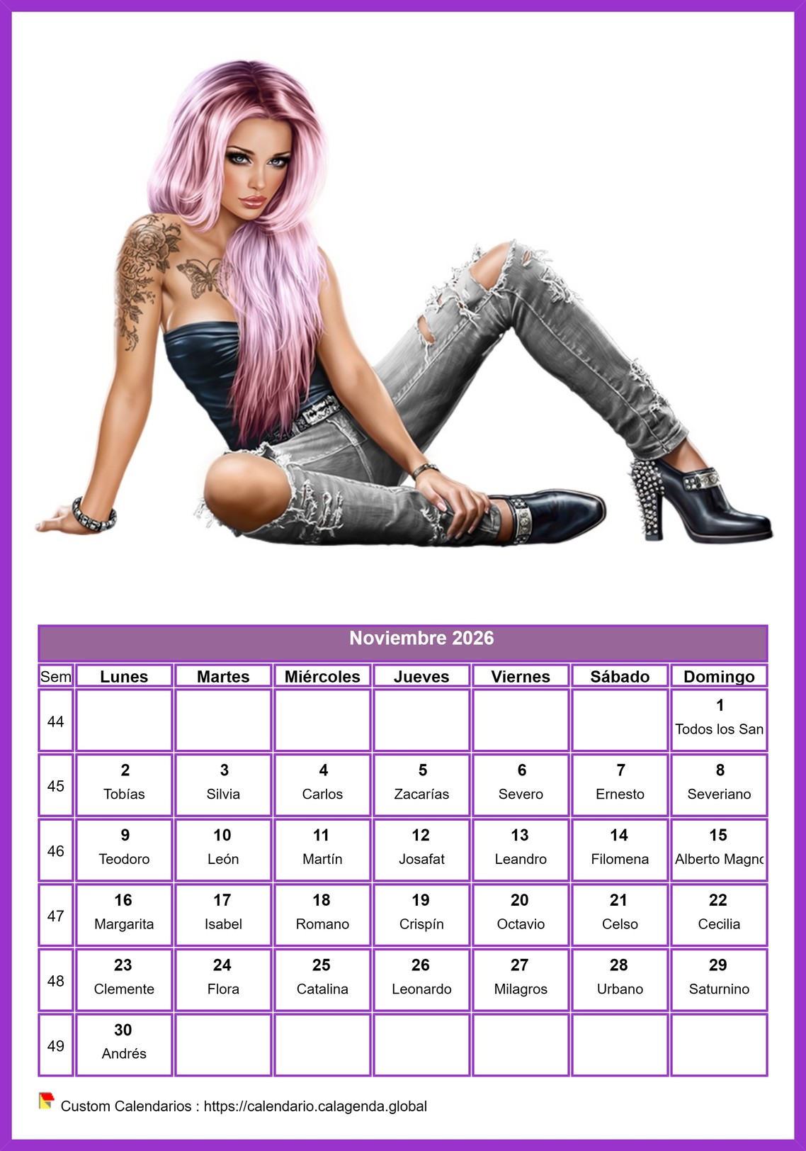 Calendario noviembre 2026 mujeres