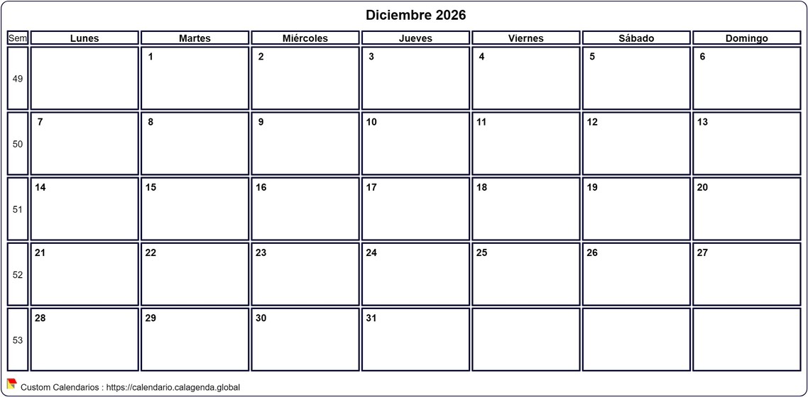 Calendario diciembre 2026
