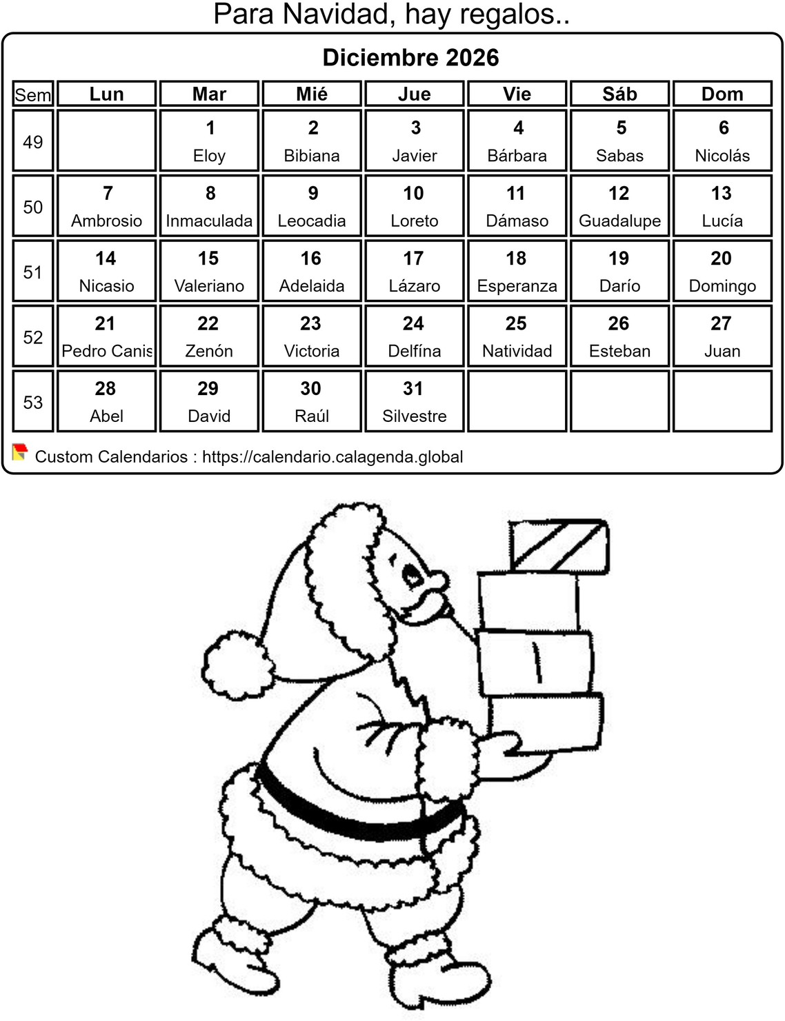 Calendario para colorear diciembre 2026 Calendario para colorear diciembre 2026