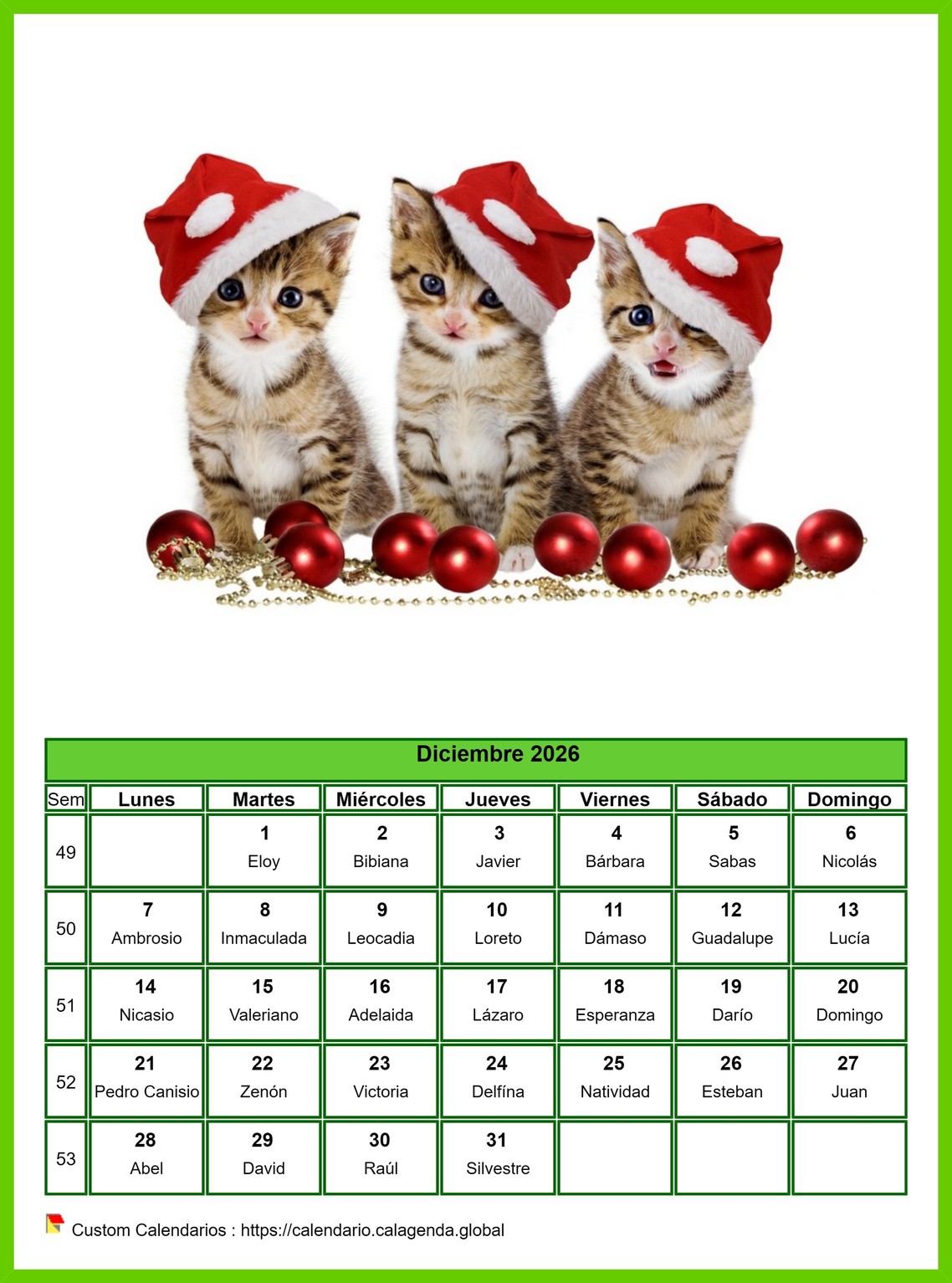 Calendario diciembre 2026 gatos Calendario diciembre 2026 gatos
