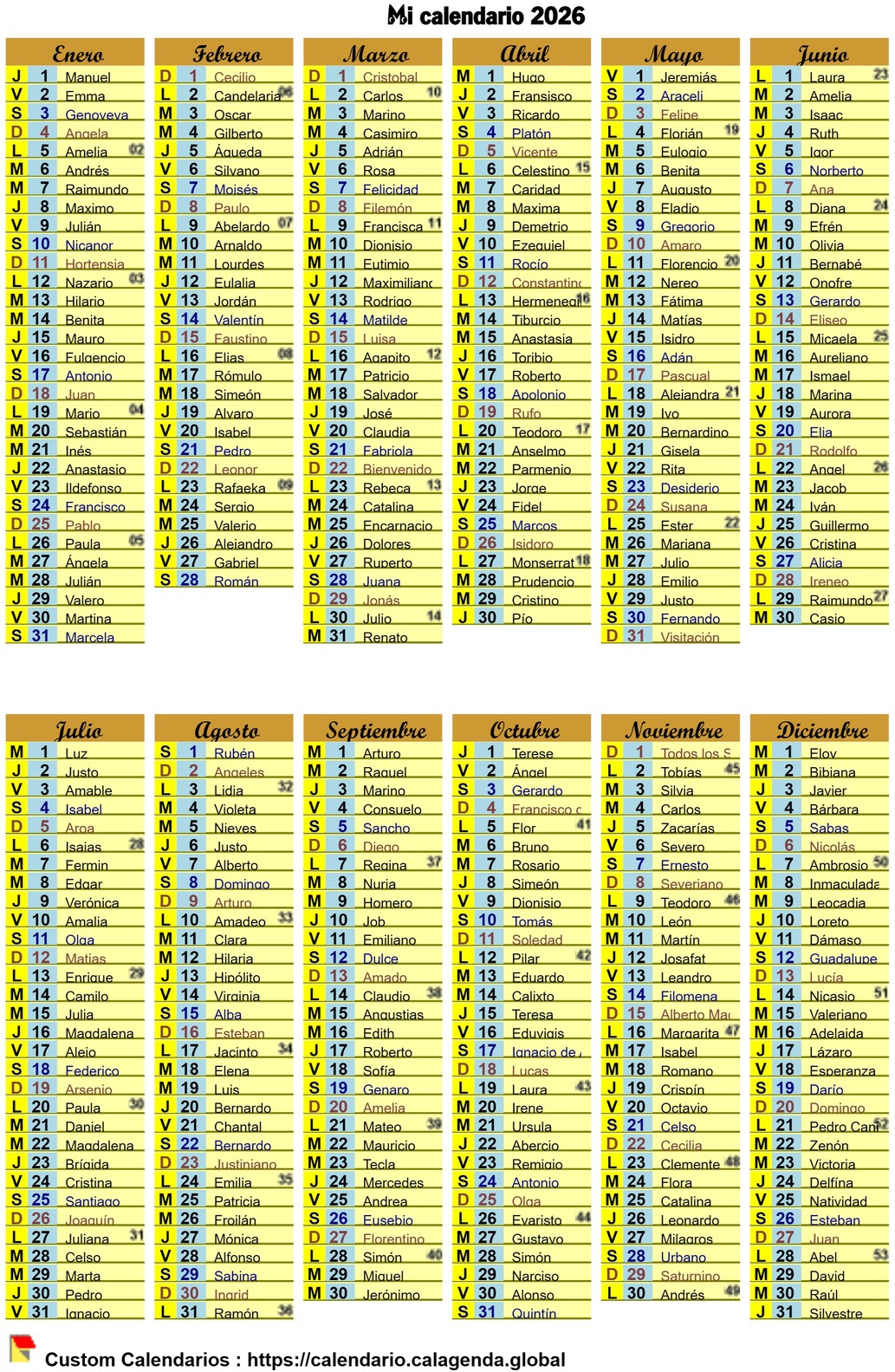 Calendario anual de bolsillo en formato 10X15 Calendario anual de bolsillo en formato 10X15