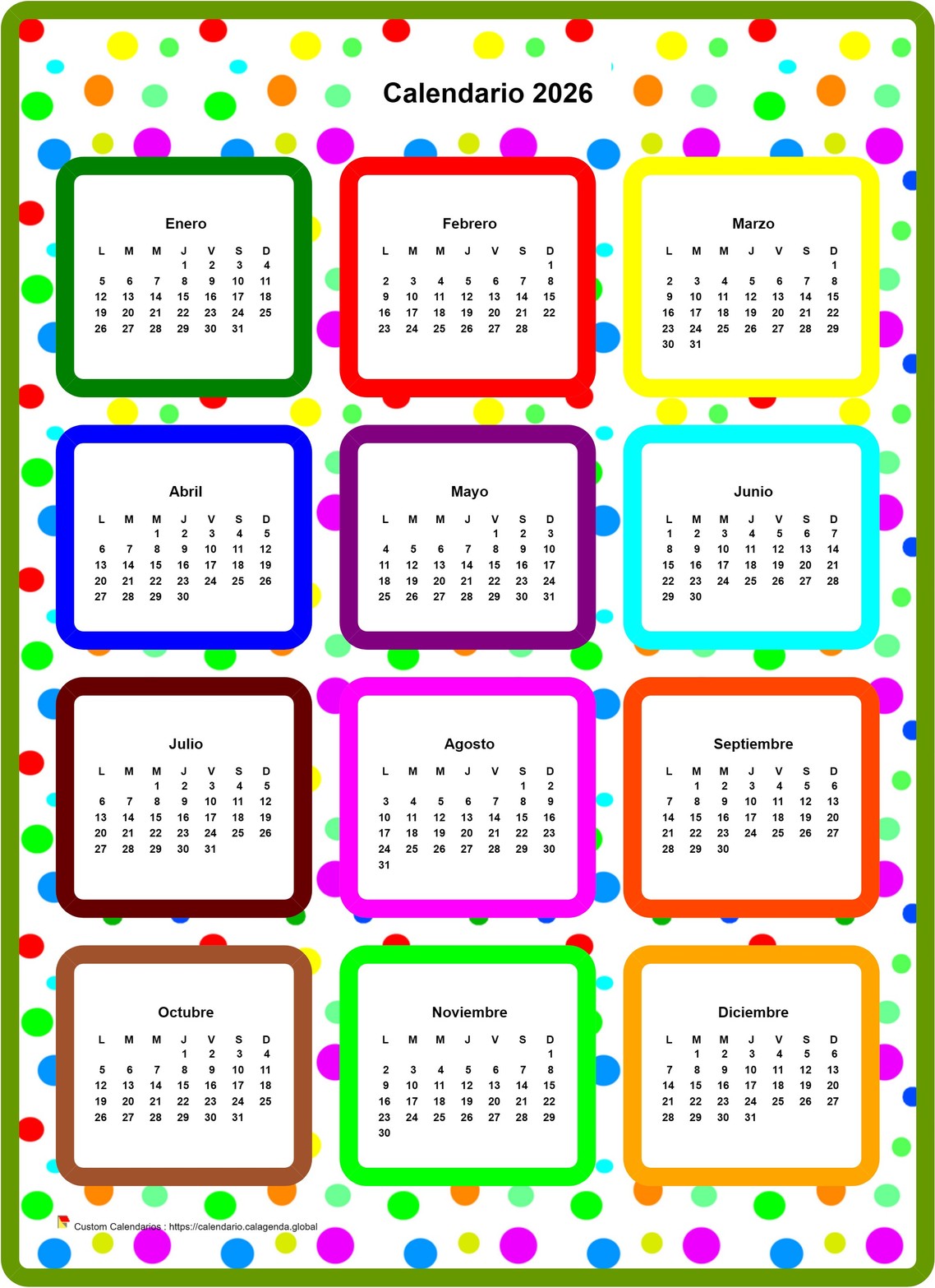 Calendario 2026 anual coloreado