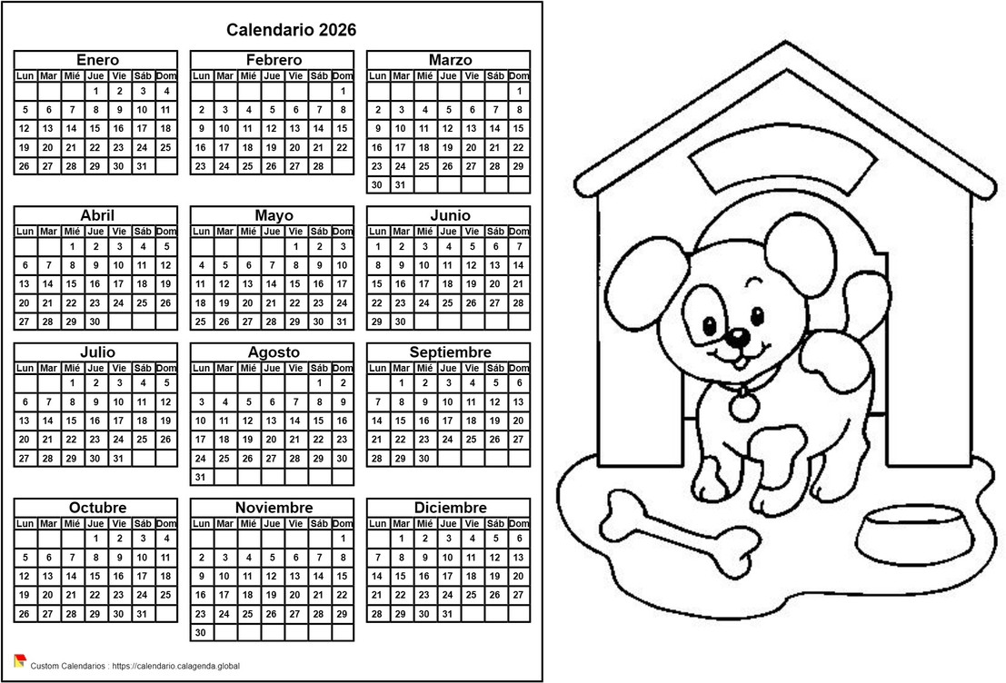 Calendario 2026 para colorear anual, formato apaisado, para niños Calendario 2026 para colorear anual, formato apaisado, para niños