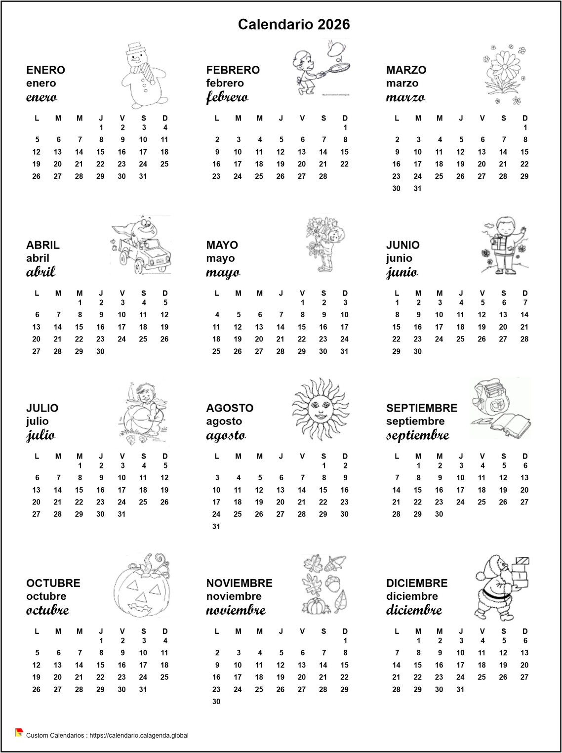 Calendario 2026 anual de la escuela maternal y primaria