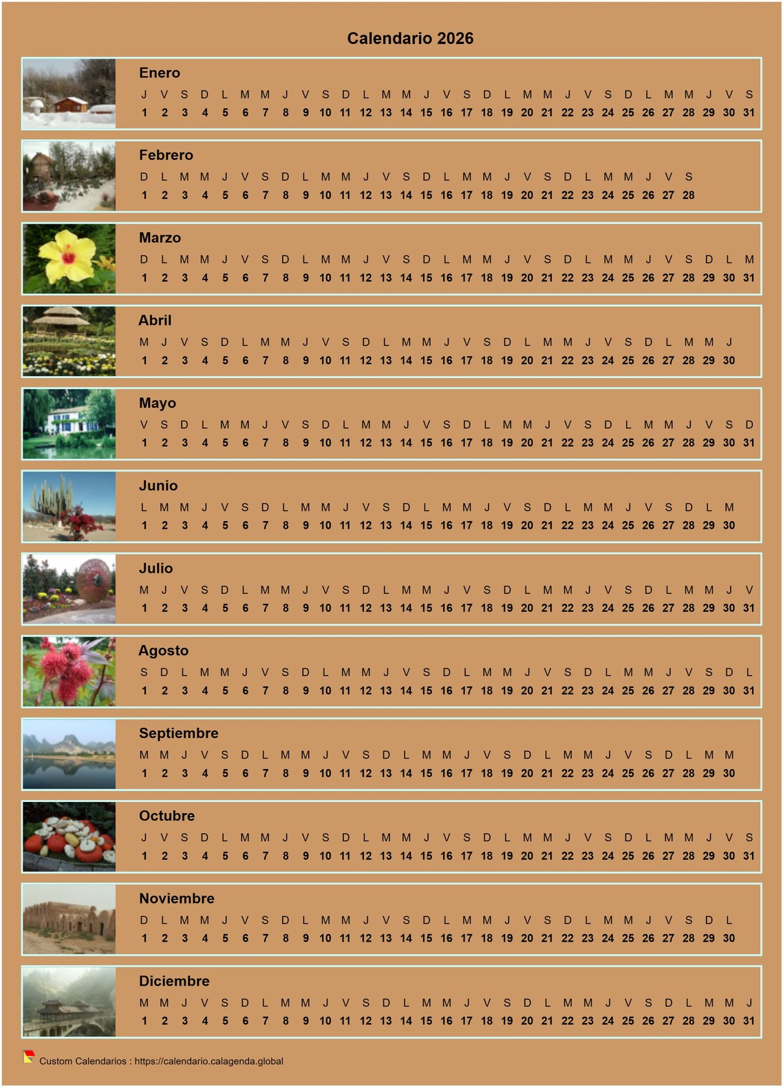 Calendario 2026 anual horizontal con 12 fotos Calendario 2026 anual horizontal con 12 fotos