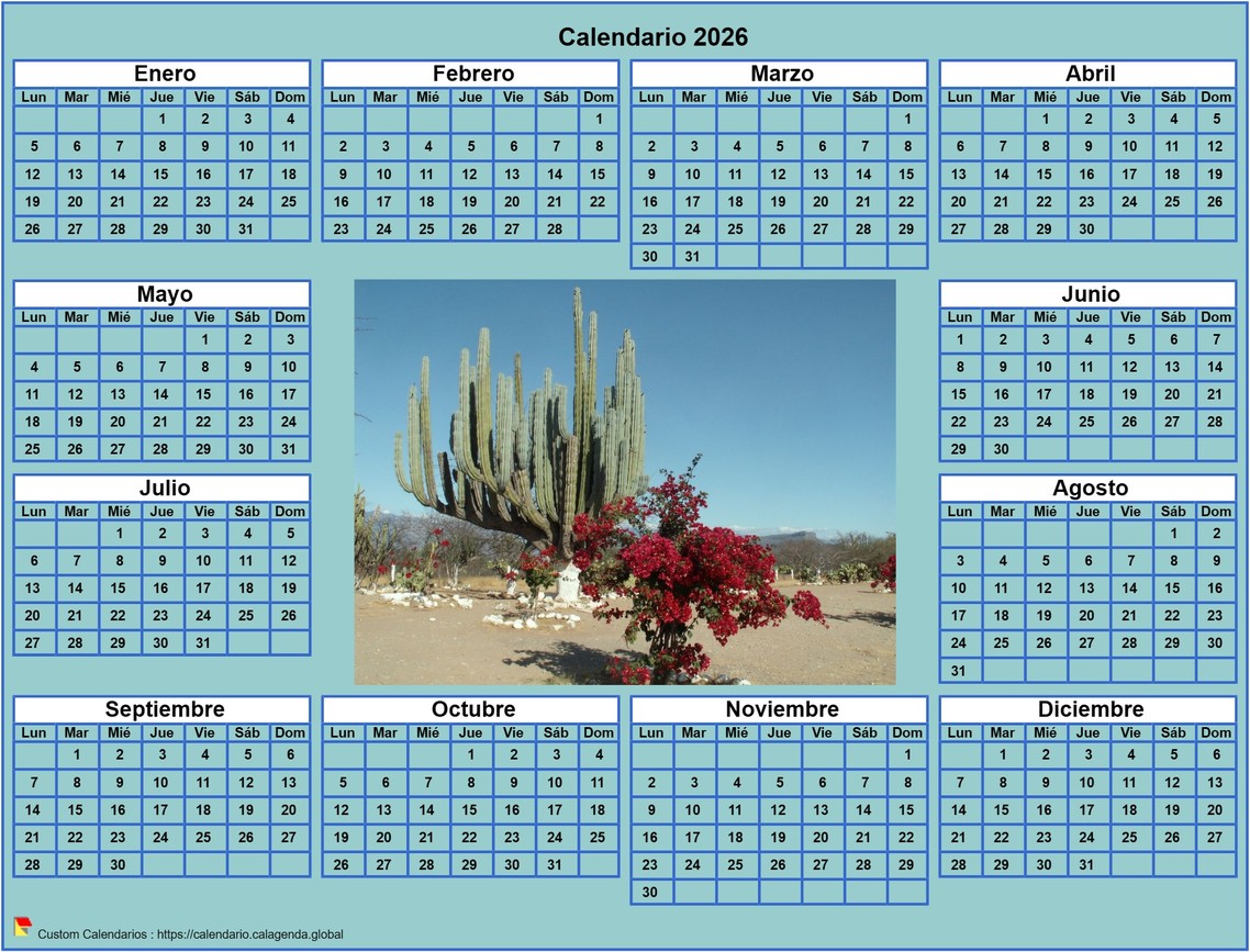 Calendario 2026 foto anual para imprimir, fondo cian, formato apaisado, escritorio o pared Calendario 2026 foto anual para imprimir, fondo cian, formato apaisado, escritorio o pared