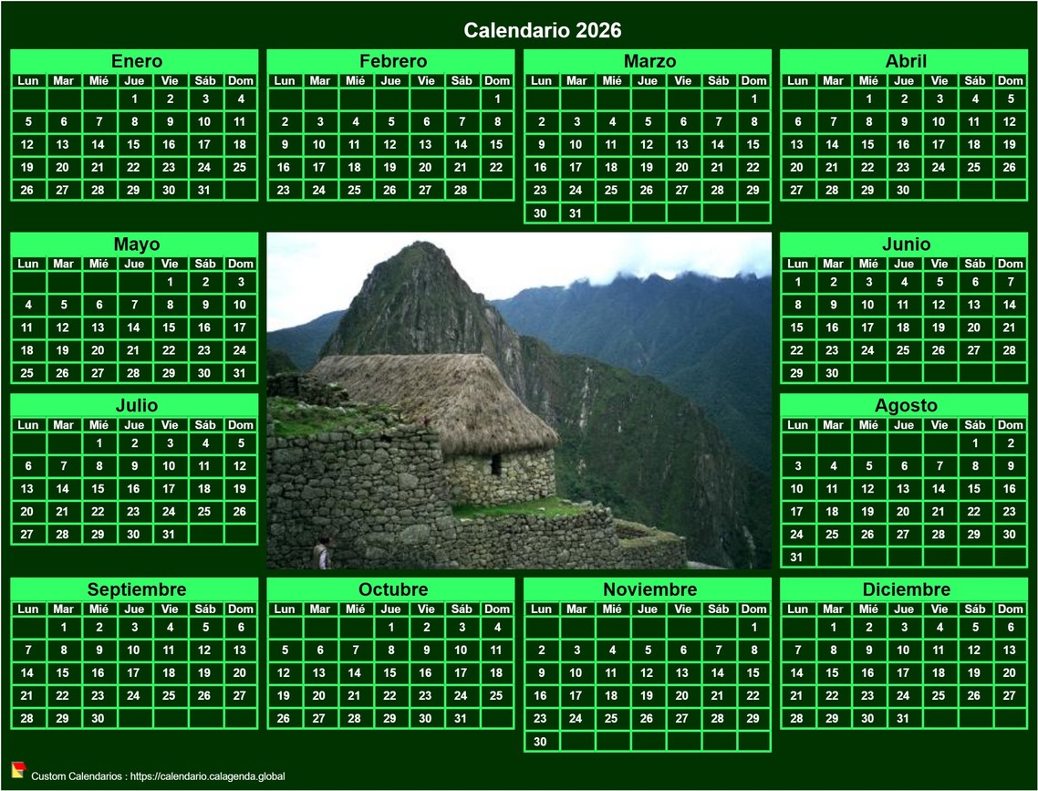 Calendario 2026 foto anual para imprimir apaisada, fondo verde