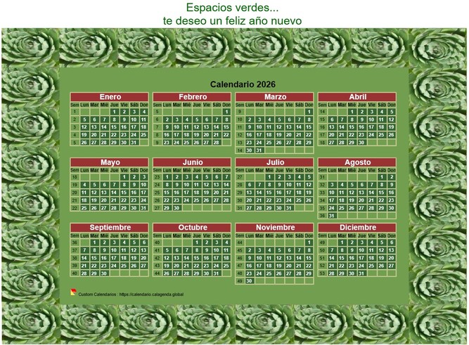 Calendario 2026 anual decorativo para imprimir, con marco de foto verde