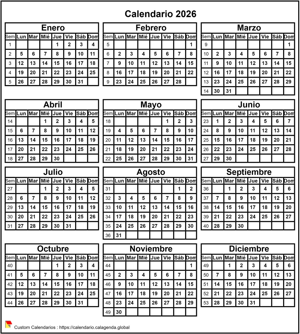 Calendario 2026 formato vertical Calendario 2026 formato vertical