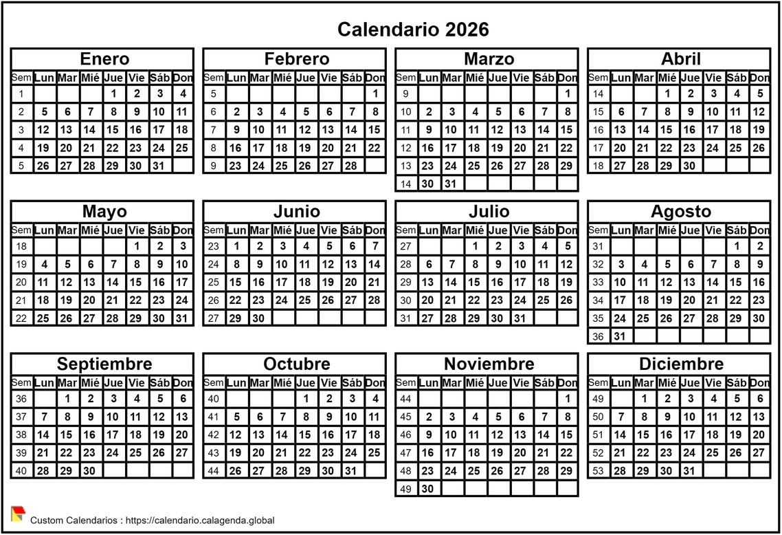 Calendario 2026 formato horizontal Calendario 2026 formato horizontal