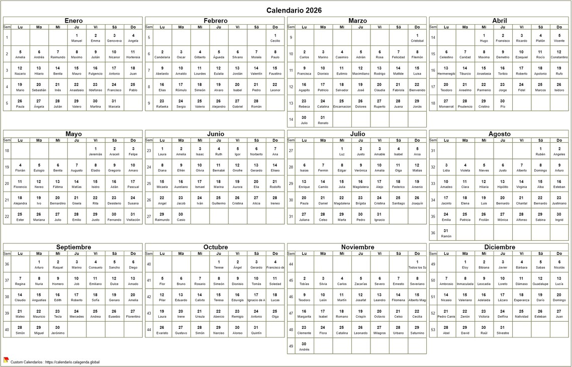 Calendario anual 2026 para imprimir, formato apaisado, de escritorio o pared Calendario anual 2026 para imprimir, formato apaisado, de escritorio o pared