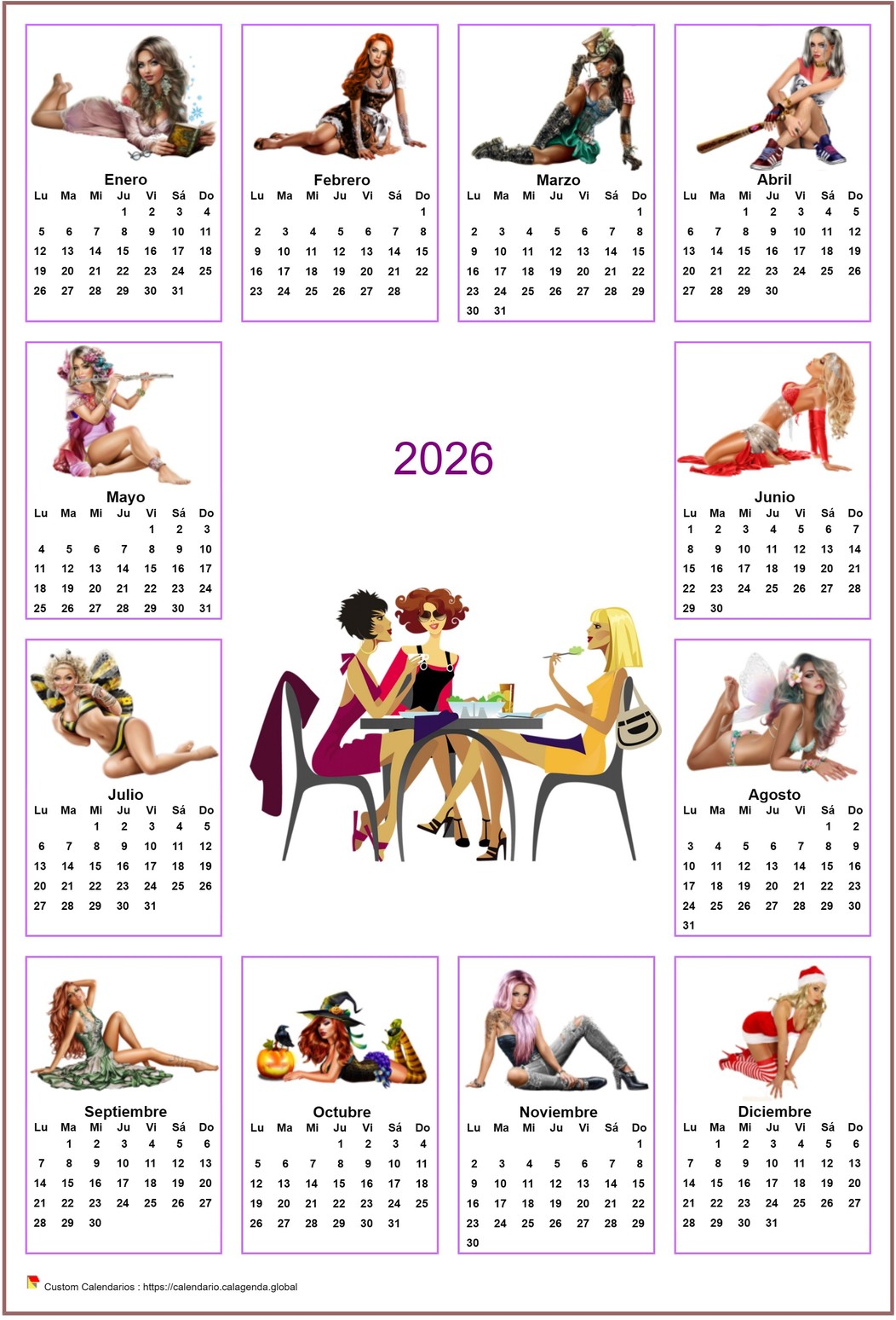 Calendario anual tubos mujeres 2026 Calendario anual tubos mujeres 2026