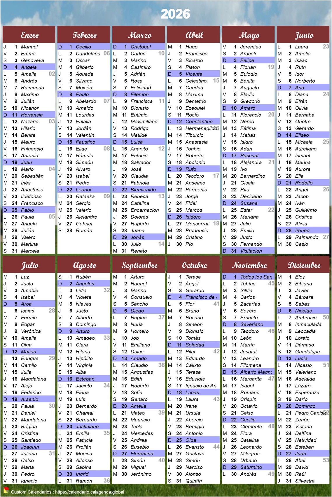 Calendario anual 2026 para imprimir retrato