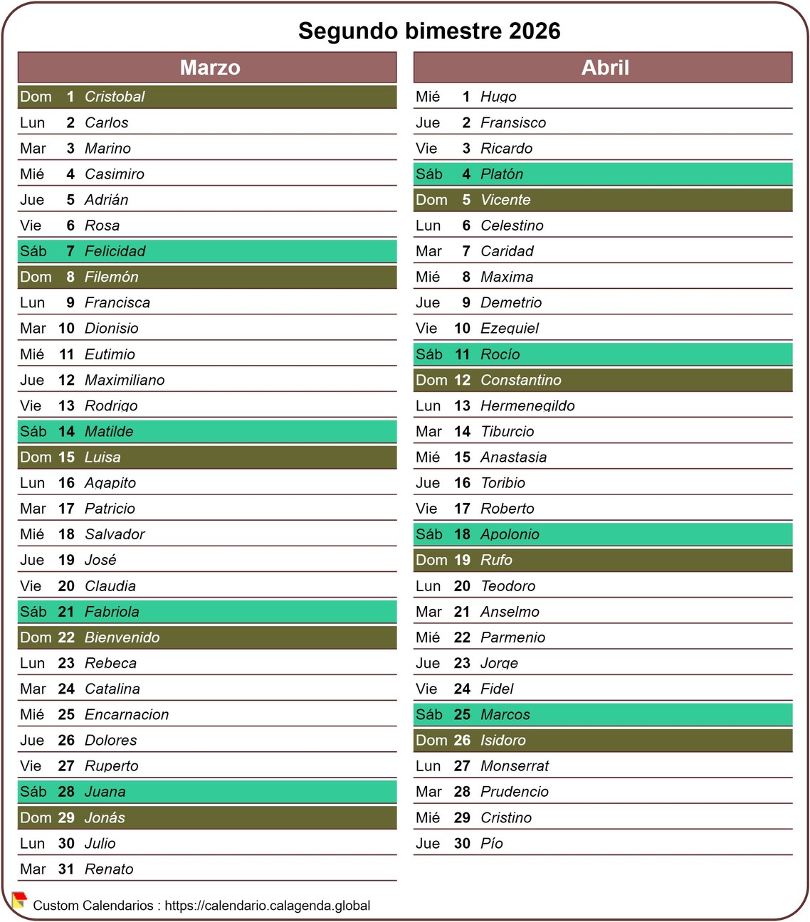 Calendario 2026 bimestral con agenda detallada, formato vertical, una columna al mes