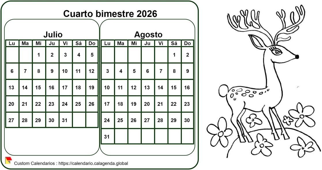 Calendario 2026 para colorear bimestral, formato apaisado, para niños Calendario 2026 para colorear bimestral, formato apaisado, para niños