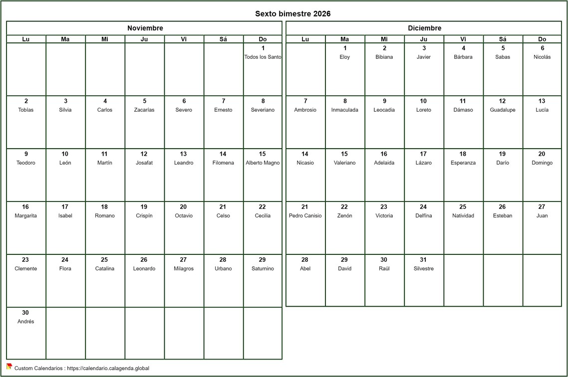 Calendario 2026 bimestral, formato apaisado, con nombres