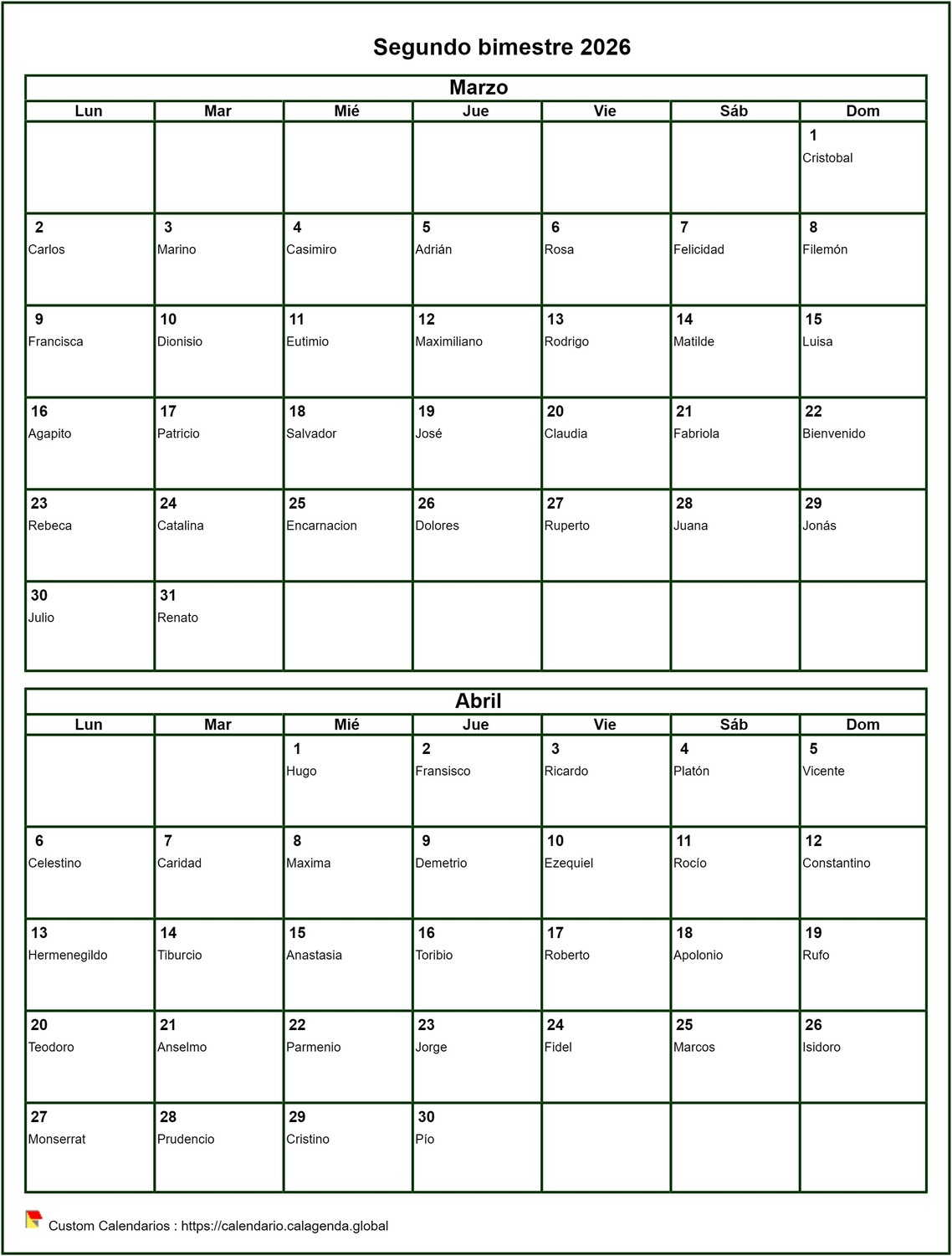 Calendario 2026 bimestral, formato retrato, con nombres