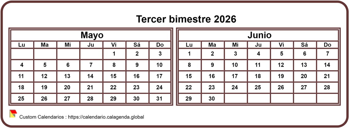 Calendario 2026 de dos meses, formato pequeño, horizontal, de bolsillo, fondo blanco