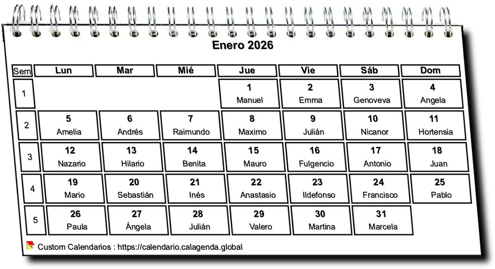 Calendario mensual 2026 en espirales