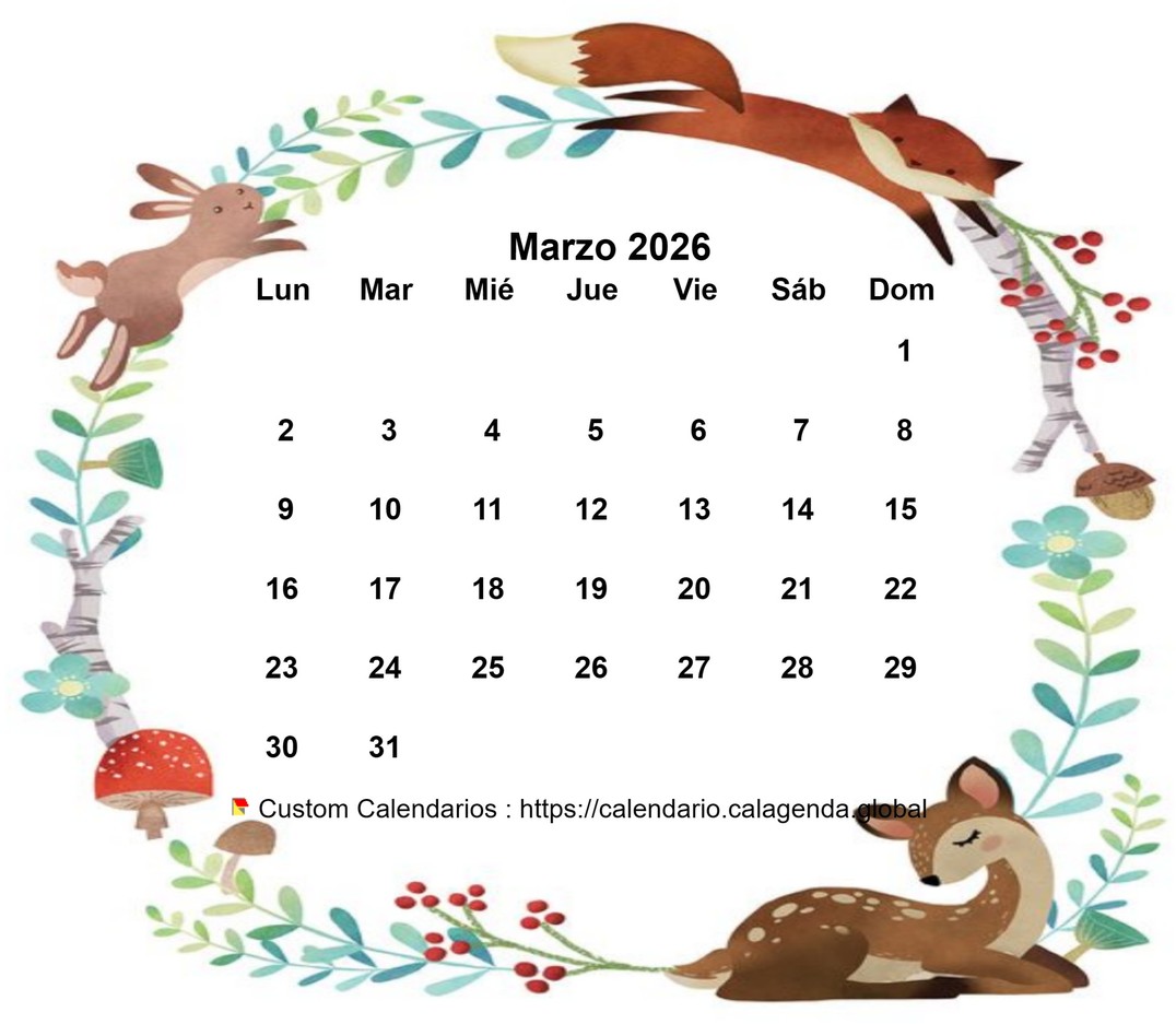 Calendario mensual 2026 estilo flora y fauna