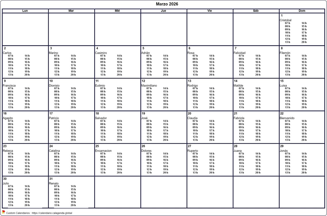 Calendario mensual 2026 para imprimir virgen, con horarios en cada caja