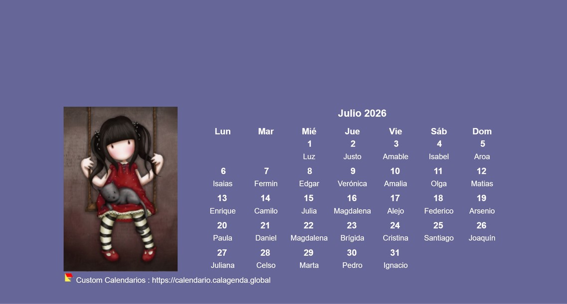 Calendario mensual 2026 Gorjuss Calendario mensual 2026 Gorjuss