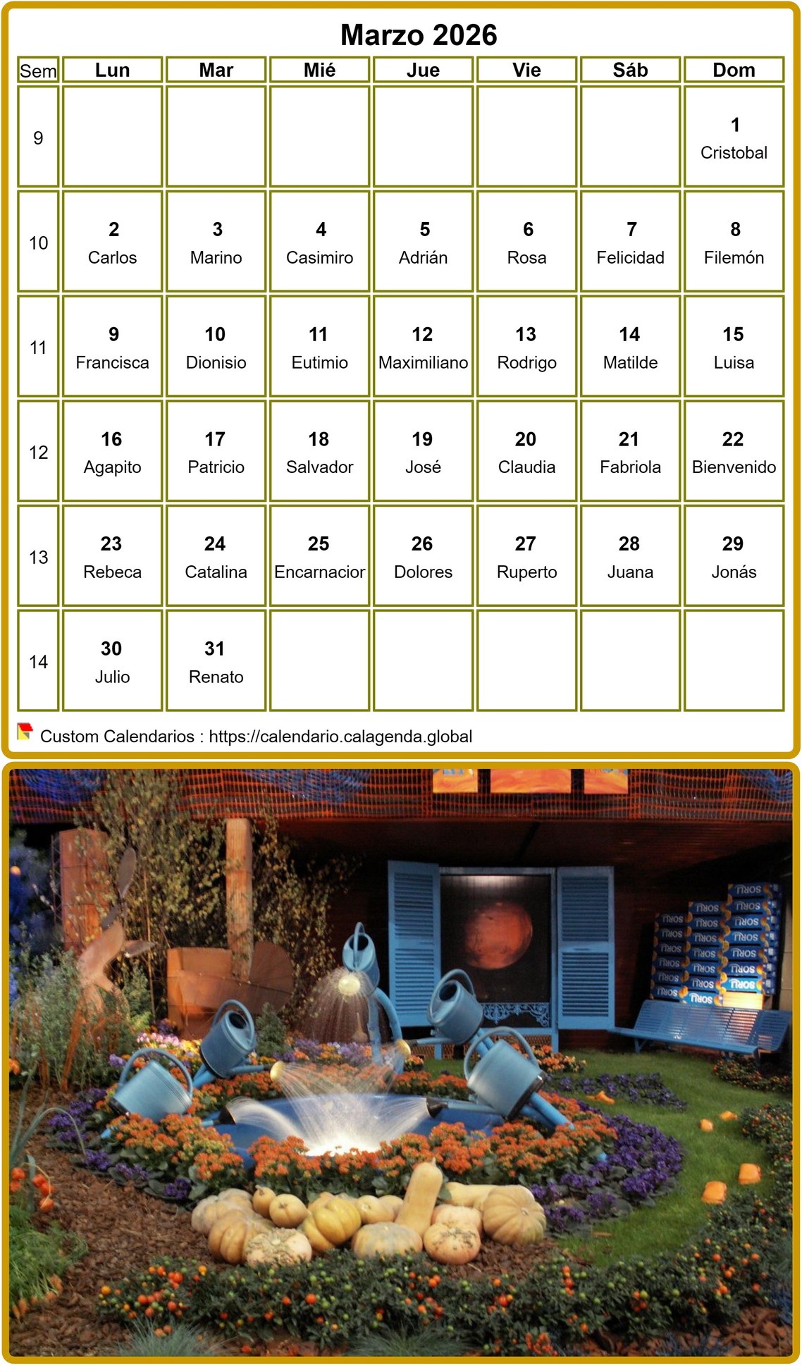 Calendario mensual 2026 para imprimir, con fotografía en la parte inferior