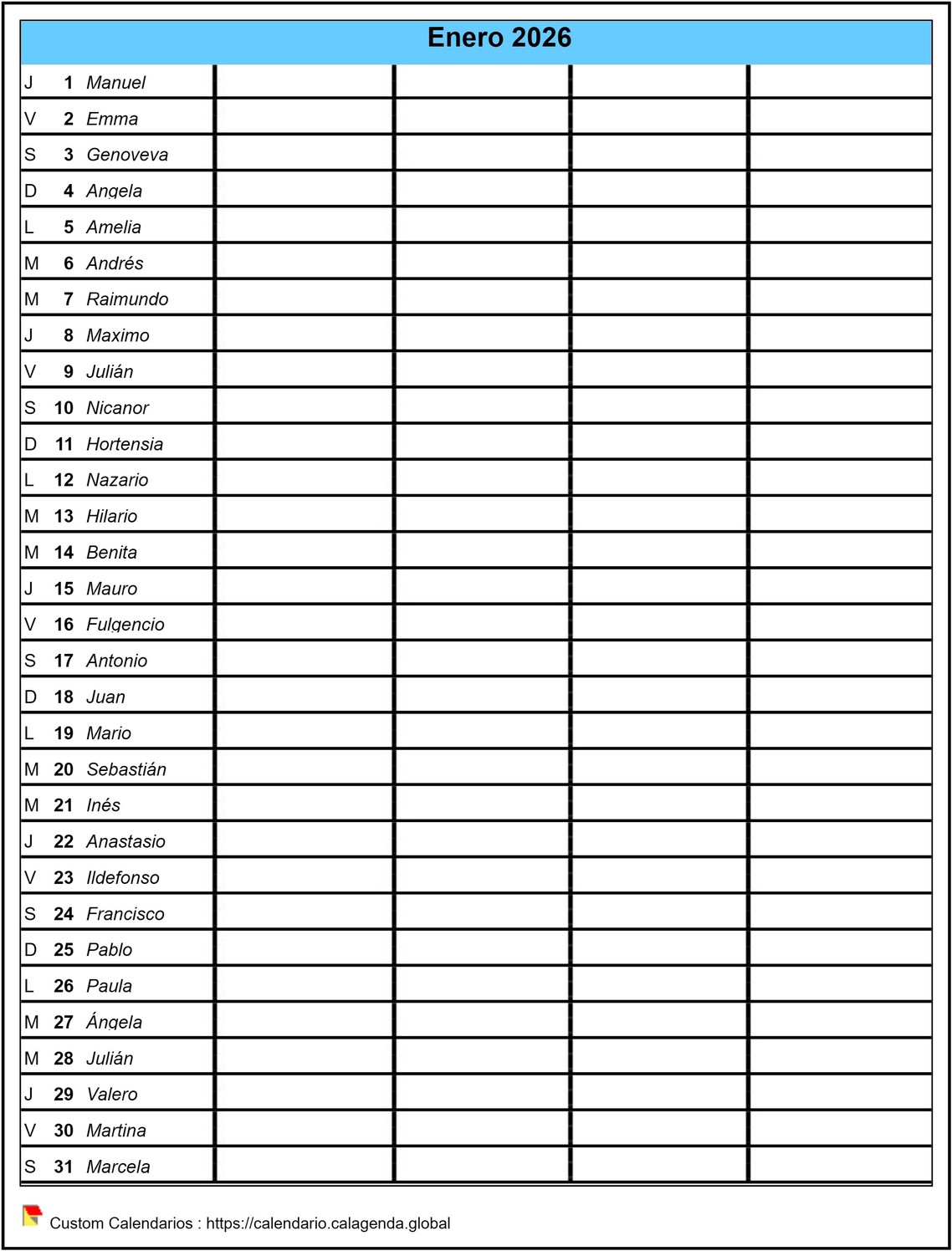 Planificación del calendario mensual 2026 virgen, formato retrato